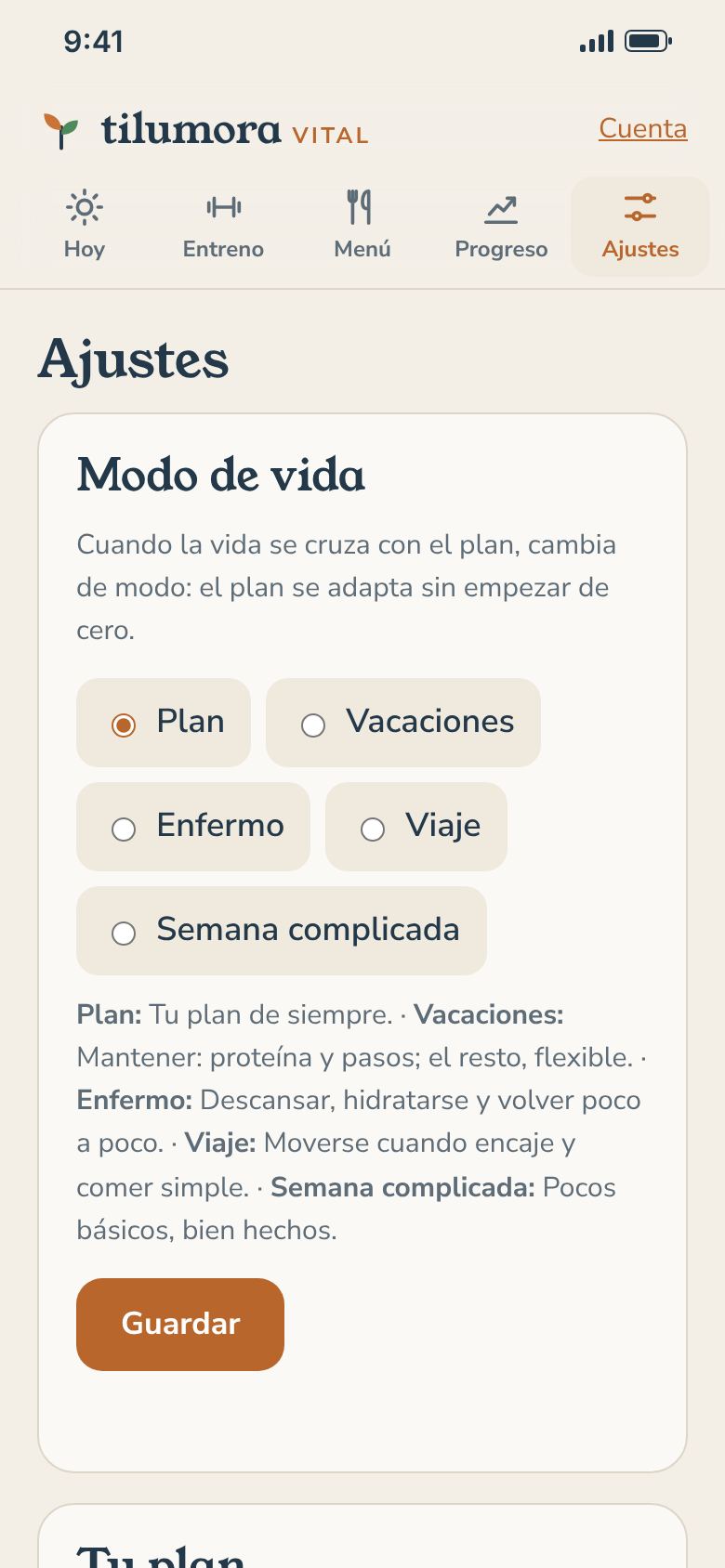 Pantalla «Ajustes» de la app de Tilumora Vital