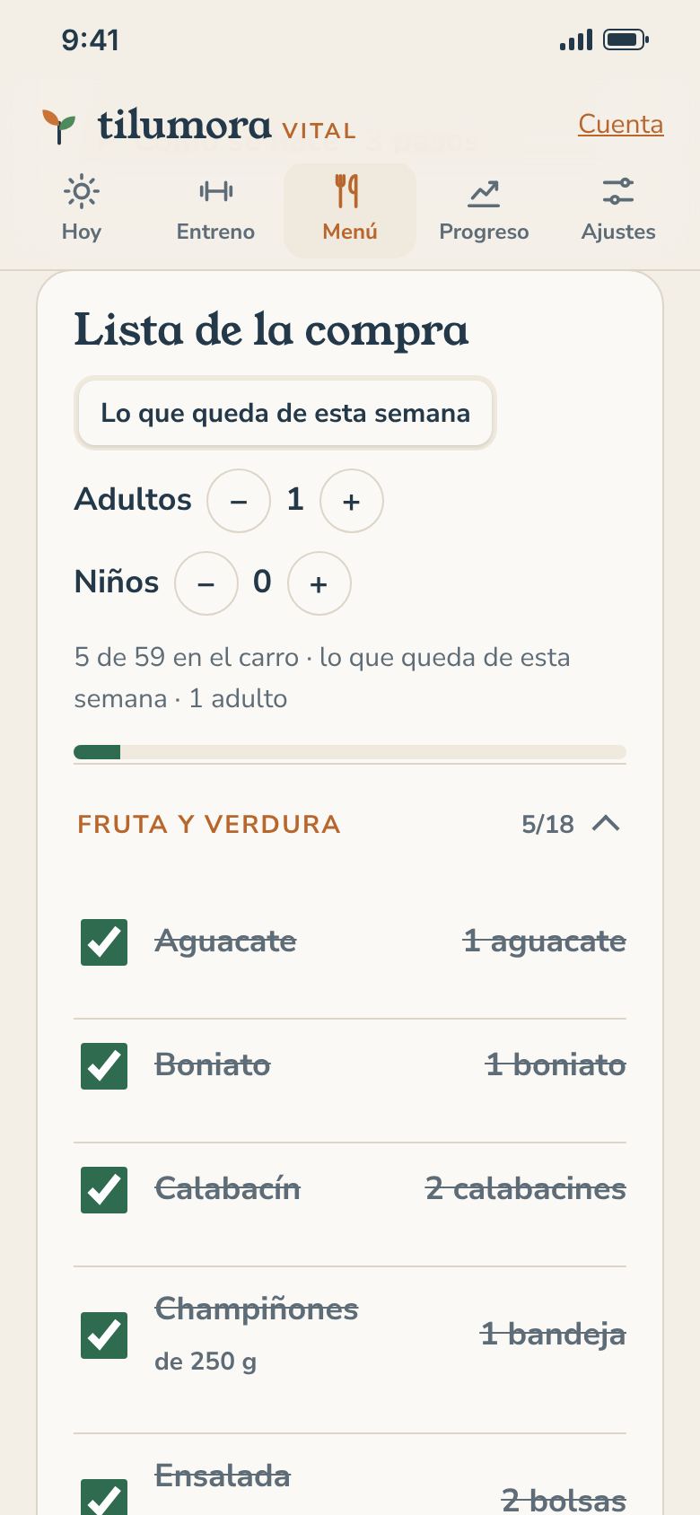 Pantalla «Compra» de la app de Tilumora Vital