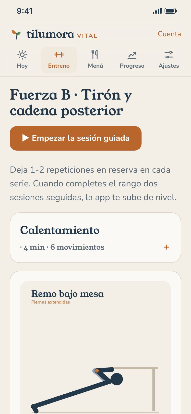 Pantalla «Entreno» de la app de Tilumora Vital