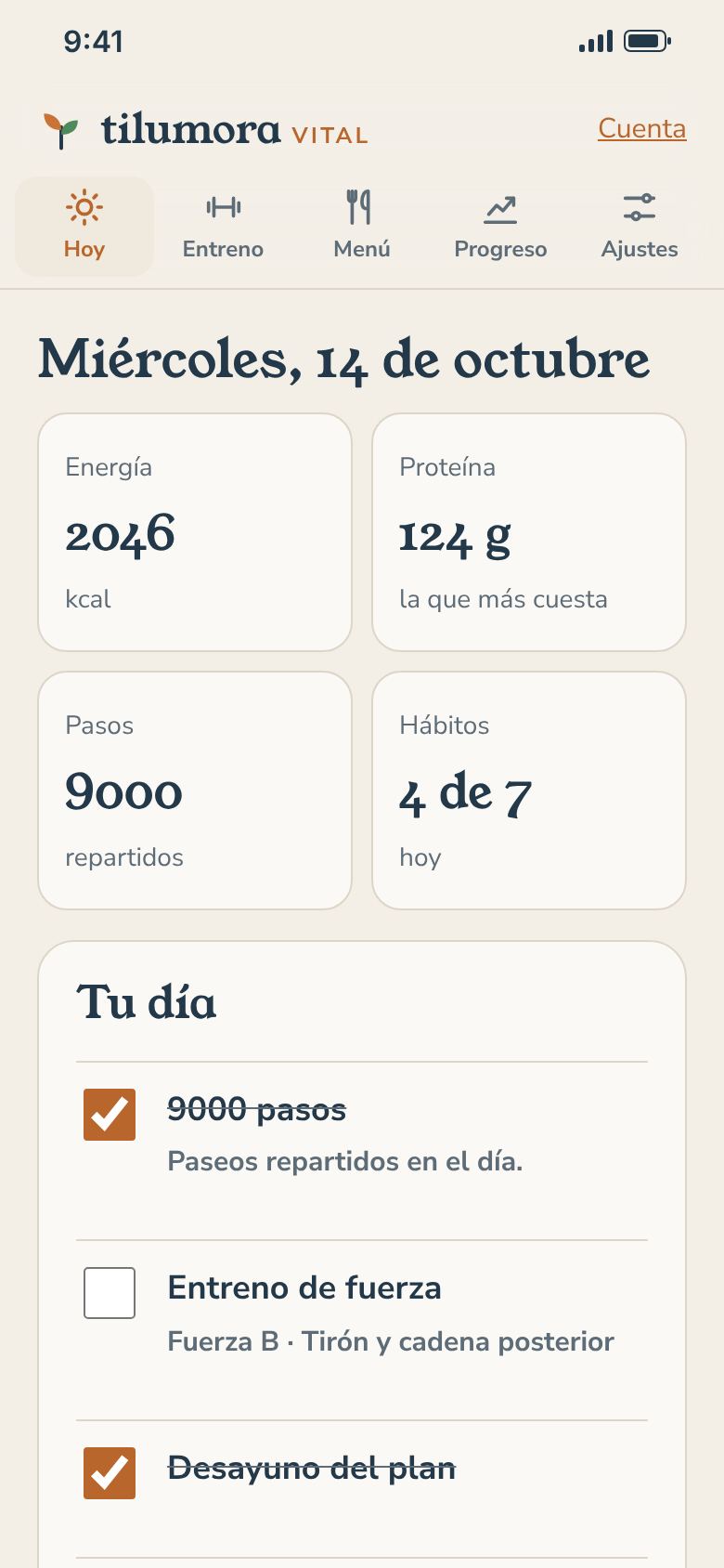 Pantalla «Hoy» de la app de Tilumora Vital