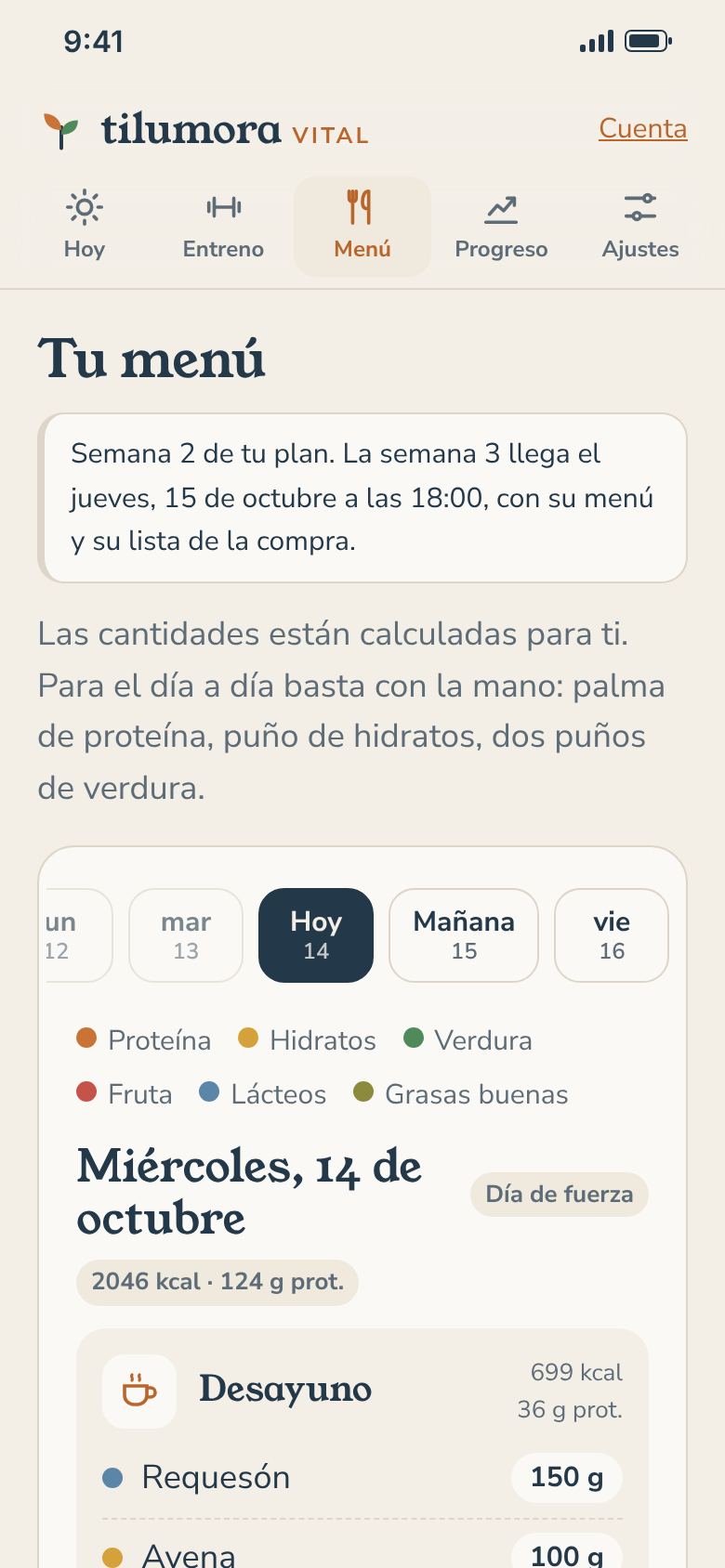 Pantalla «Menú» de la app de Tilumora Vital