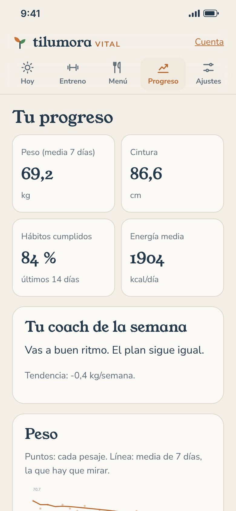Pantalla «Progreso» de la app de Tilumora Vital